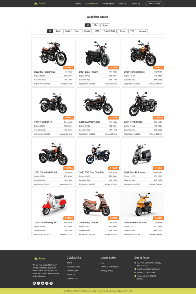 Used bike dealer website inventory section