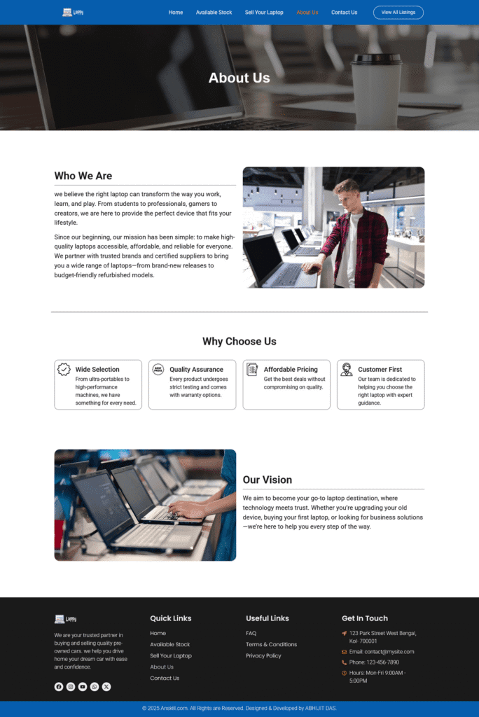 Laptop Store Website Design about us page