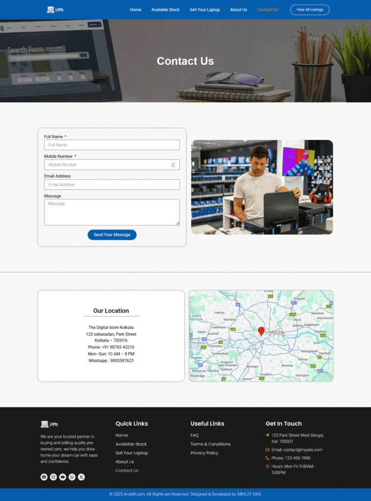 Laptop Store Website Design contact us page