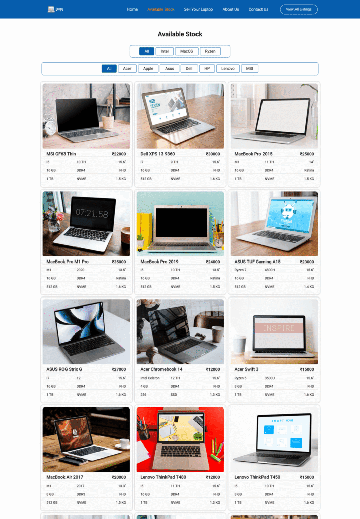 Laptop shop Website Design inventory page