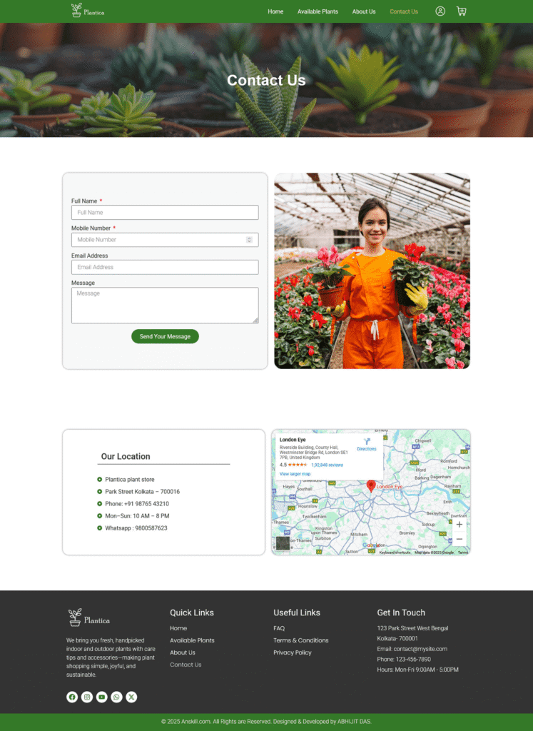 nursery shop website contact page