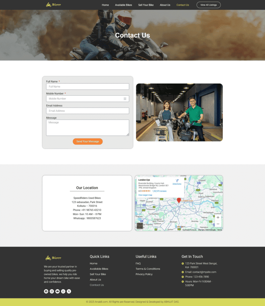 Used bike dealer website contact us section
