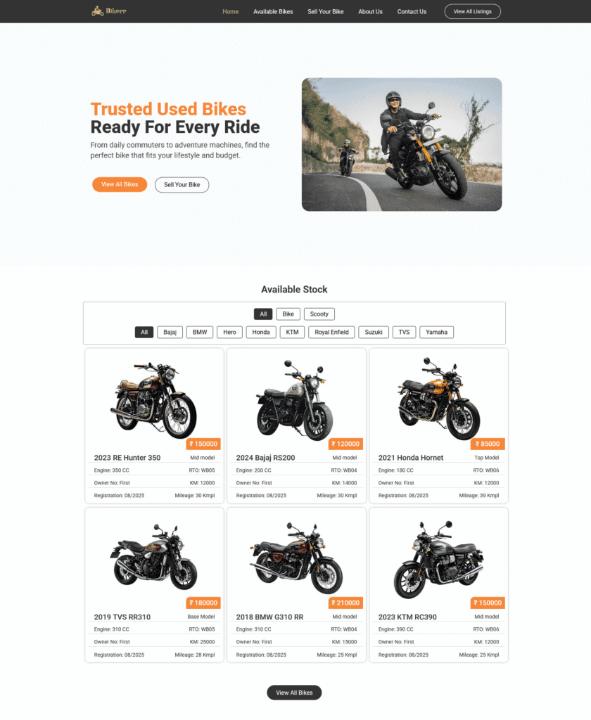 Used bike dealer website hero section