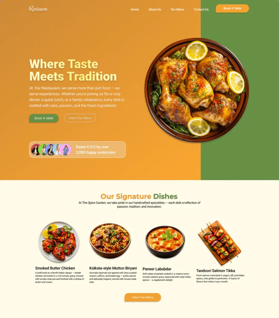 Restaurant Website Design home page
