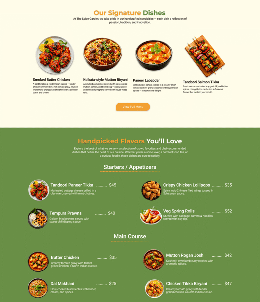 Restaurant Website hero section
