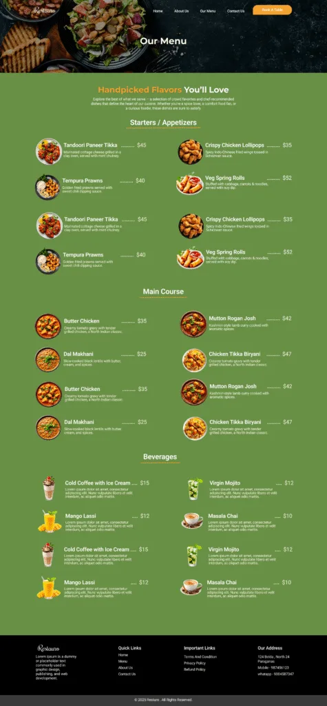 Restaurant Website menu page