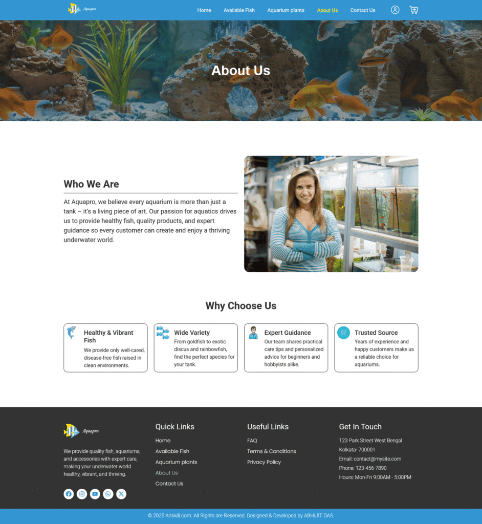 aquarium shop website about us page
