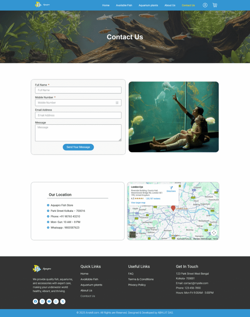 aquarium shop website contact us page